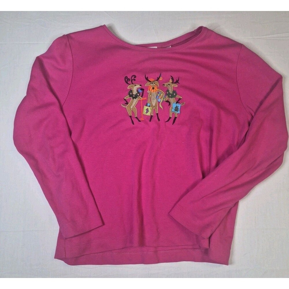 Marisa Christina Sweater Womens Size Medium Pink Deer Novelty Long Sleeve